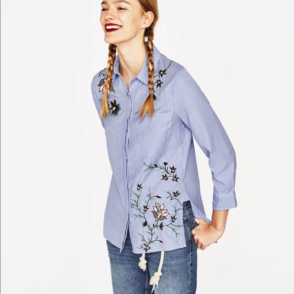 Zara Tops - ZARA Embroidered Striped Poplin Shirt